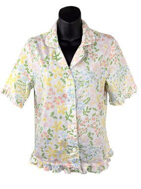 Summer Doll Core Floral Coquette Short Sleeve Button Up Top Ruffle Trim Women XS